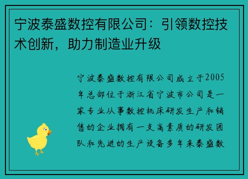 宁波泰盛数控有限公司：引领数控技术创新，助力制造业升级