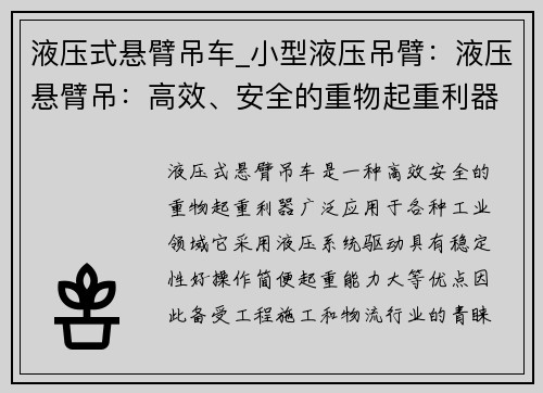 液压式悬臂吊车_小型液压吊臂：液压悬臂吊：高效、安全的重物起重利器